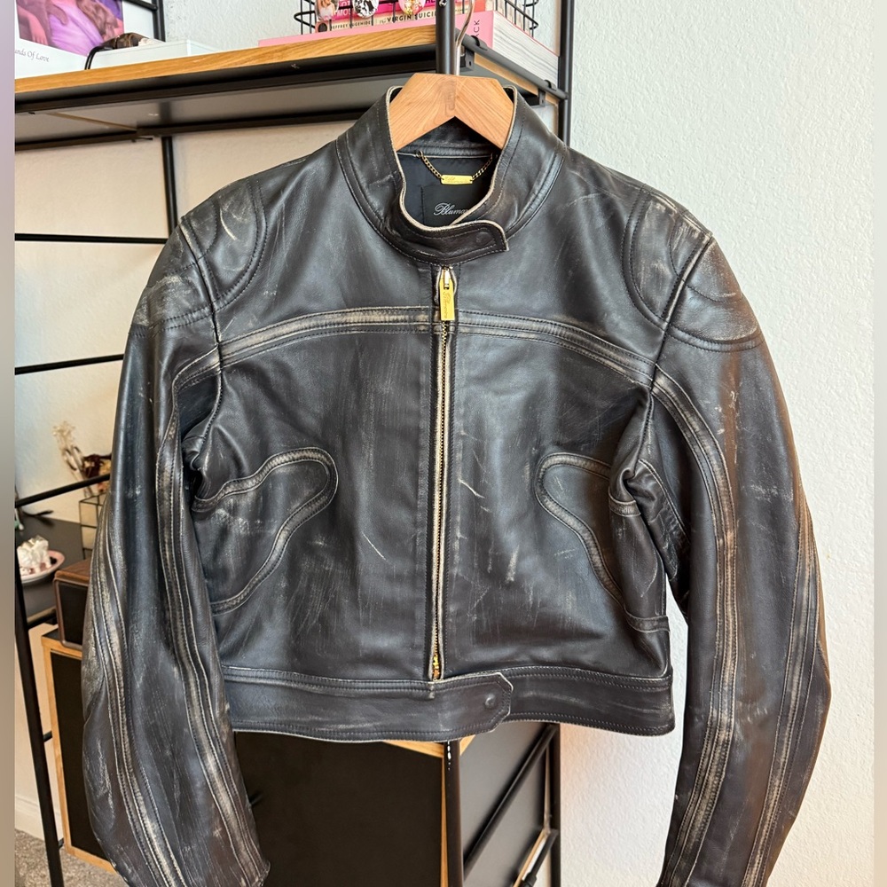Blumarine Distressed Leather Cropped Motorcycle Biker Jacket